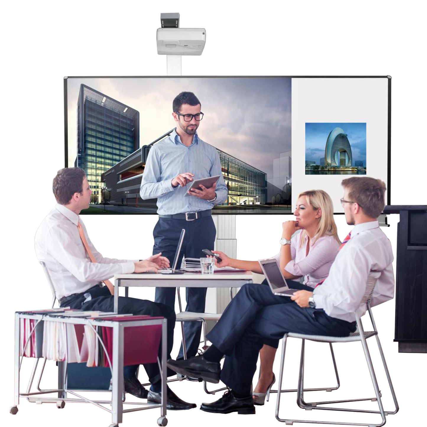 Conen Whiteboard Deluxe 130 Board For Different Pen-operated Projectors 3 M Wide, Electric Height Adjustable, For Wall Mounting With Floor Plate