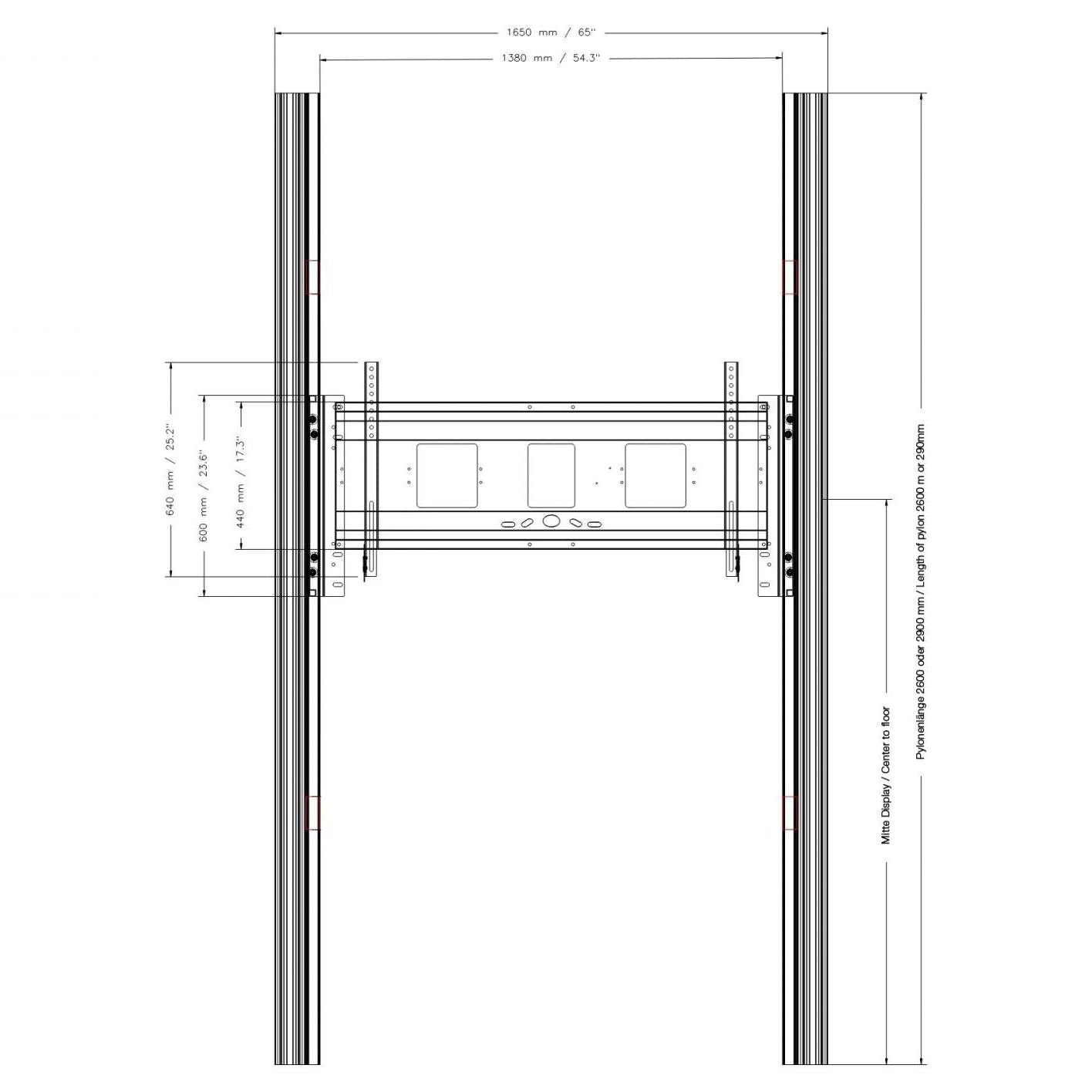 Conen PYF1-IFPD-W Wall Mounted 2 Pylon Sliding System For Displays From 65-86" Manually Height-adjustable With Pulley And Counter Weight