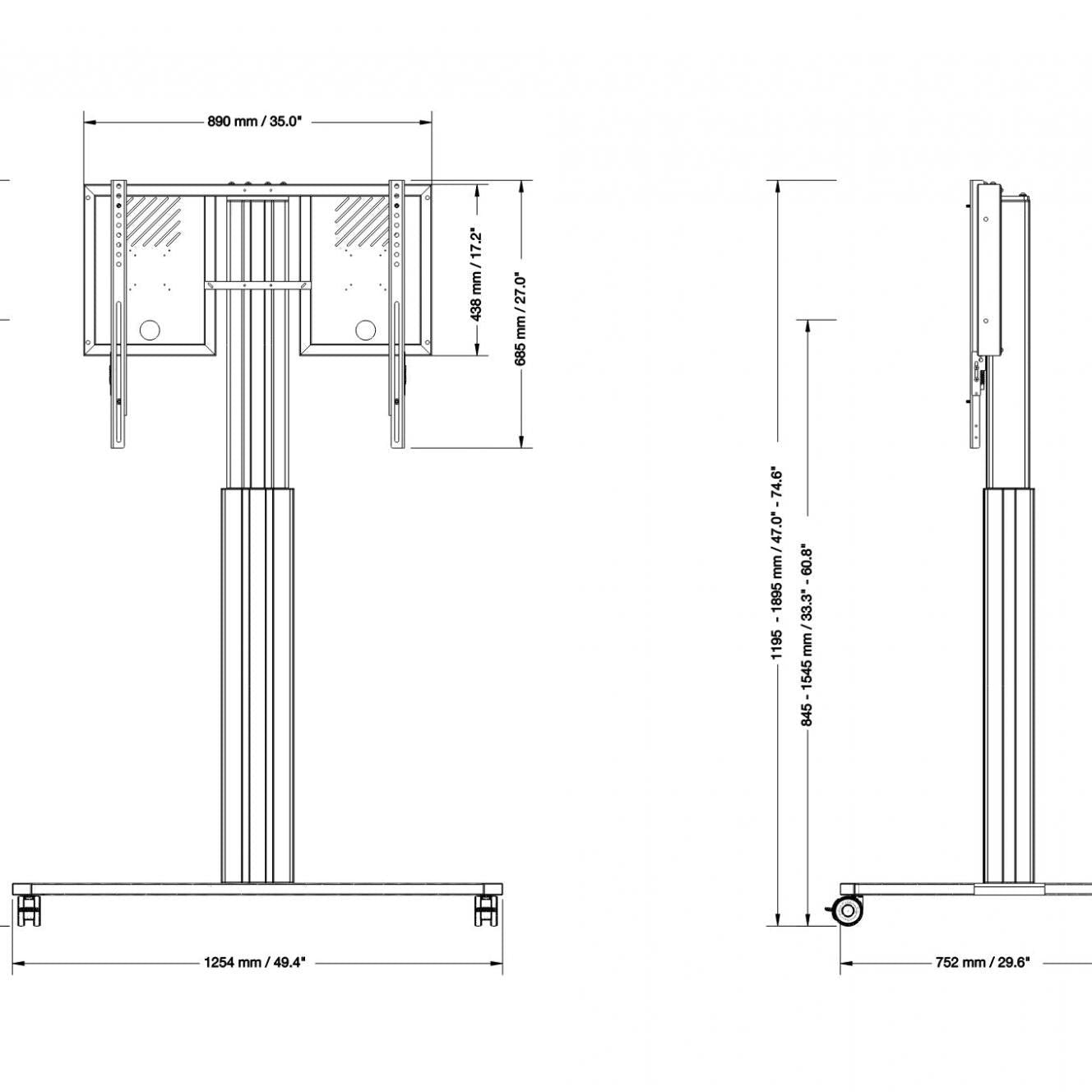 Conen RLI10070CBK Height Adjustable Mobile Tv And Monitor Stand, Lite Series With 70 Cm Of Vertical Travel Column Black, Anti-collision, High Model, C-style Base