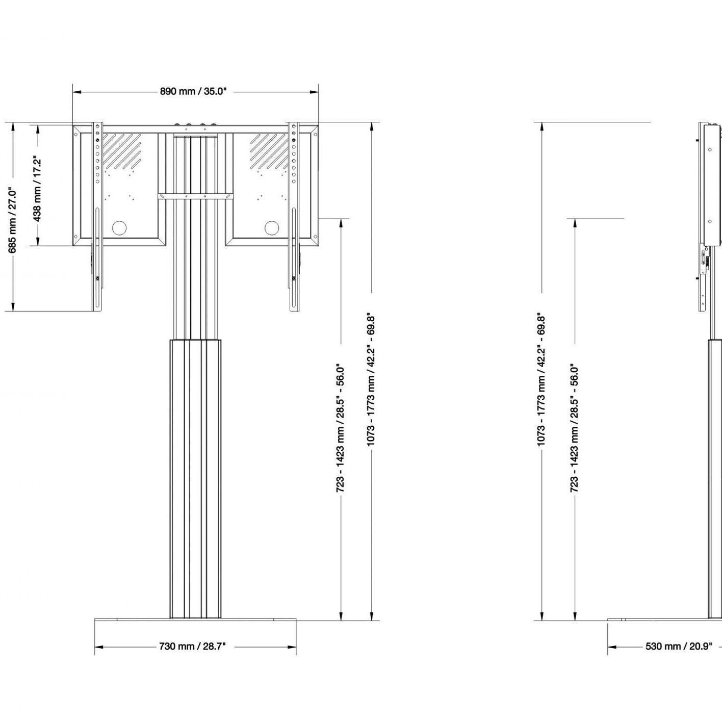 Conen RLI10070PBK Height Adjustable Display And Monitor Stand, Lite Series With 70 Cm Of Vertical Travel Column Black, Anti-collision, Floor Plate Black