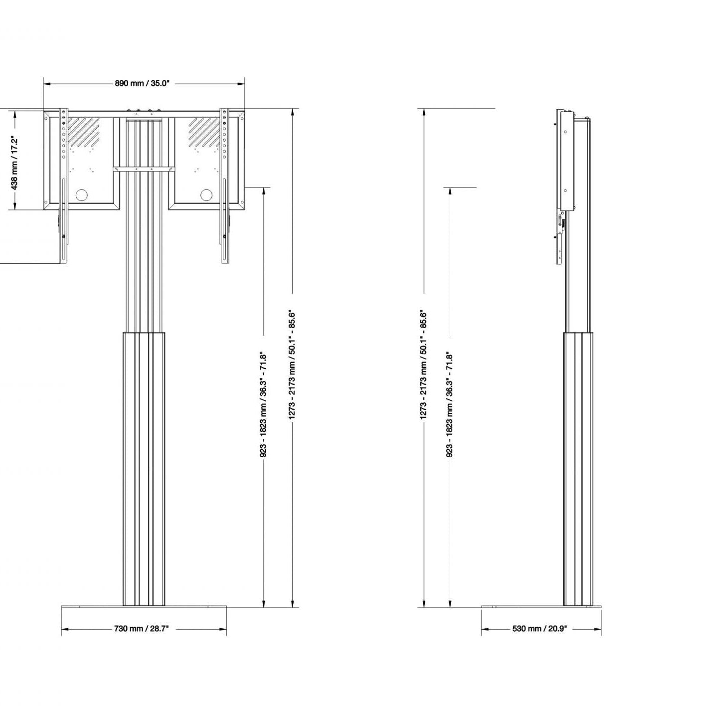Conen RLI12090PBK Height Adjustable Display And Monitor Stand, Lite Series With 90 Cm Of Vertical Travel Column Black, Anti-collision, High Model, Floor Plate Black