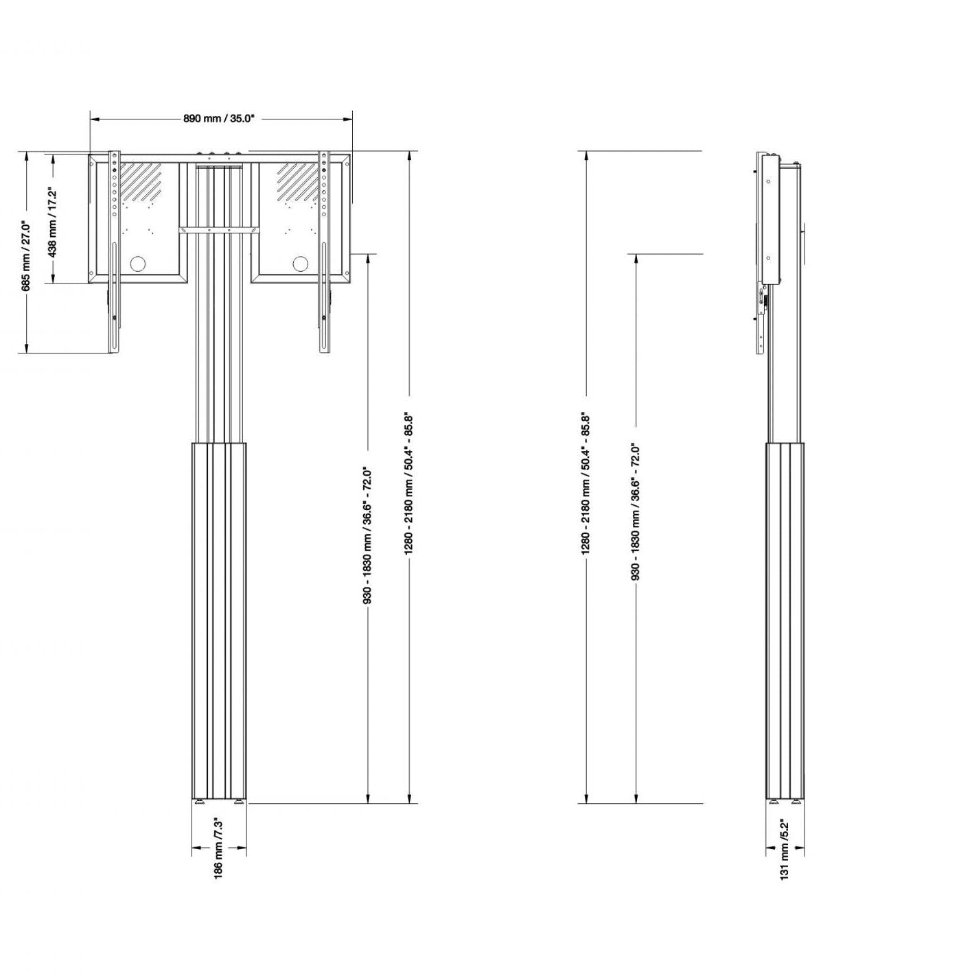 Conen RLI12090WK Height Adjustable Monitor Wall Mount, Lite Series Silver, With Anti-collision, Center To Floor 930 - 1830 Mm