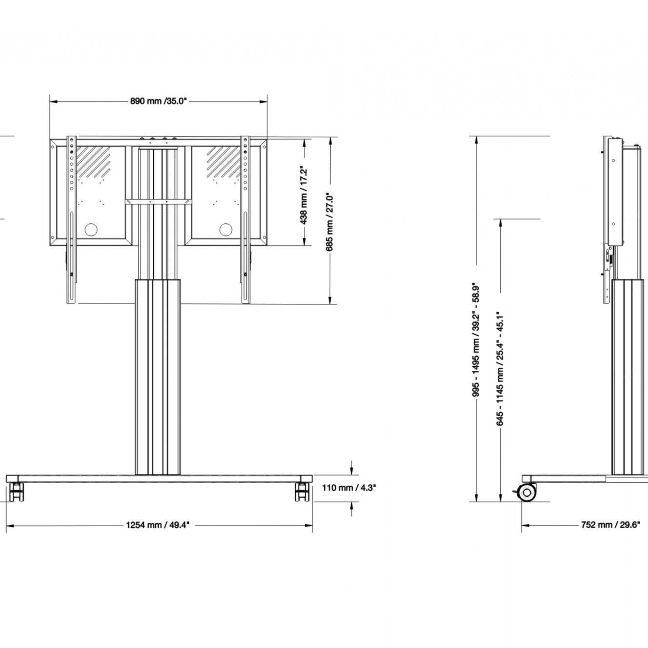 Conen RLI8050CK Height Adjustable Mobile Tv And Monitor Stand, Lite Series With 50 Cm Of Vertical Travel Column Silver, Anti-collision, Low Model, V-style Base