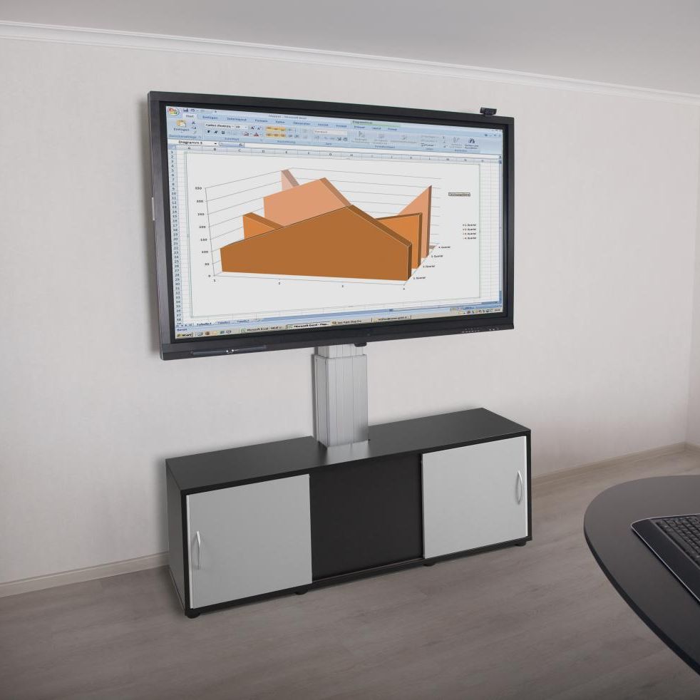 Conen SBTV2ST TV Cabinet – TV Stand With Mount, Electrically Height Adjustable Monitor Stand Silver Anodized, With Base Cabinet And 2 Lockable Sliding Doors