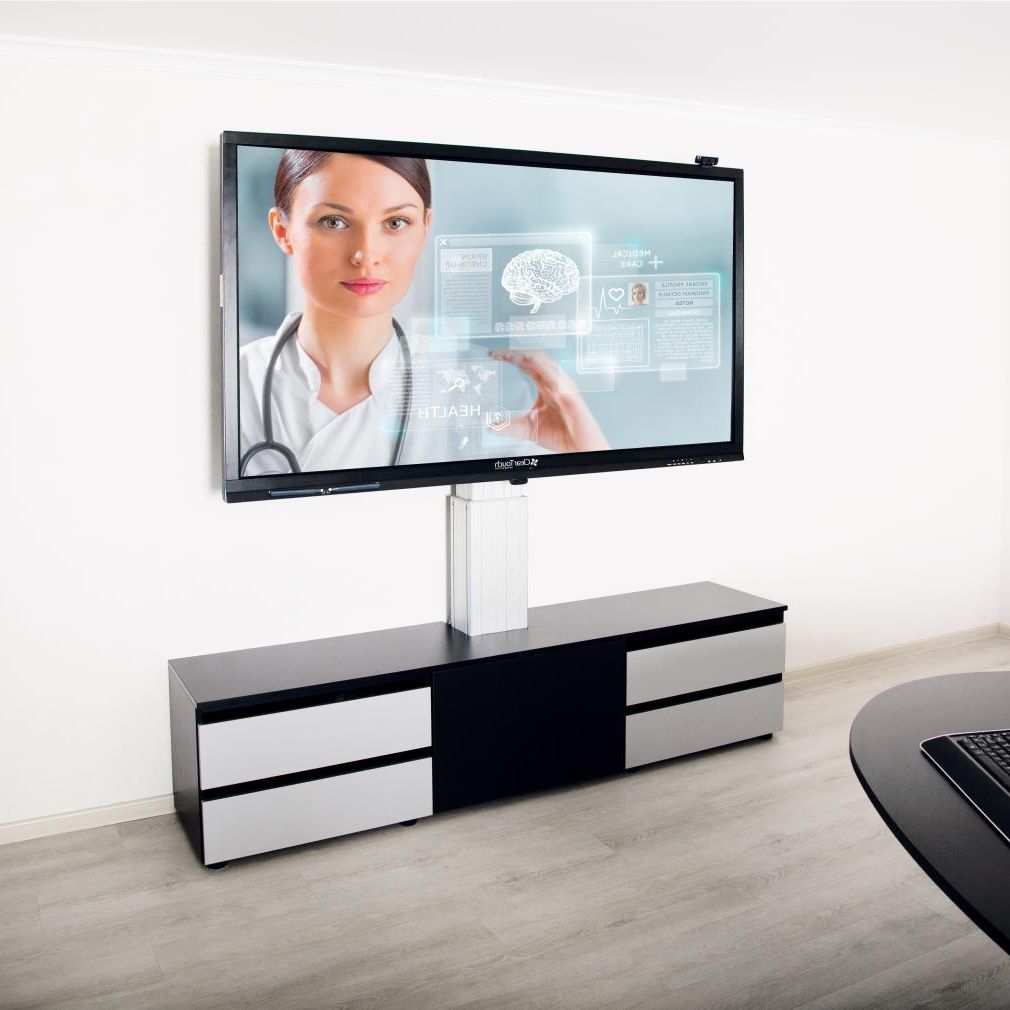 Conen SBTV4S TV Cabinet – TV Stand With Mount, Electrically Height Adjustable Monitor Stand Silver Anodized, With Base Cabinet And Pull-outs