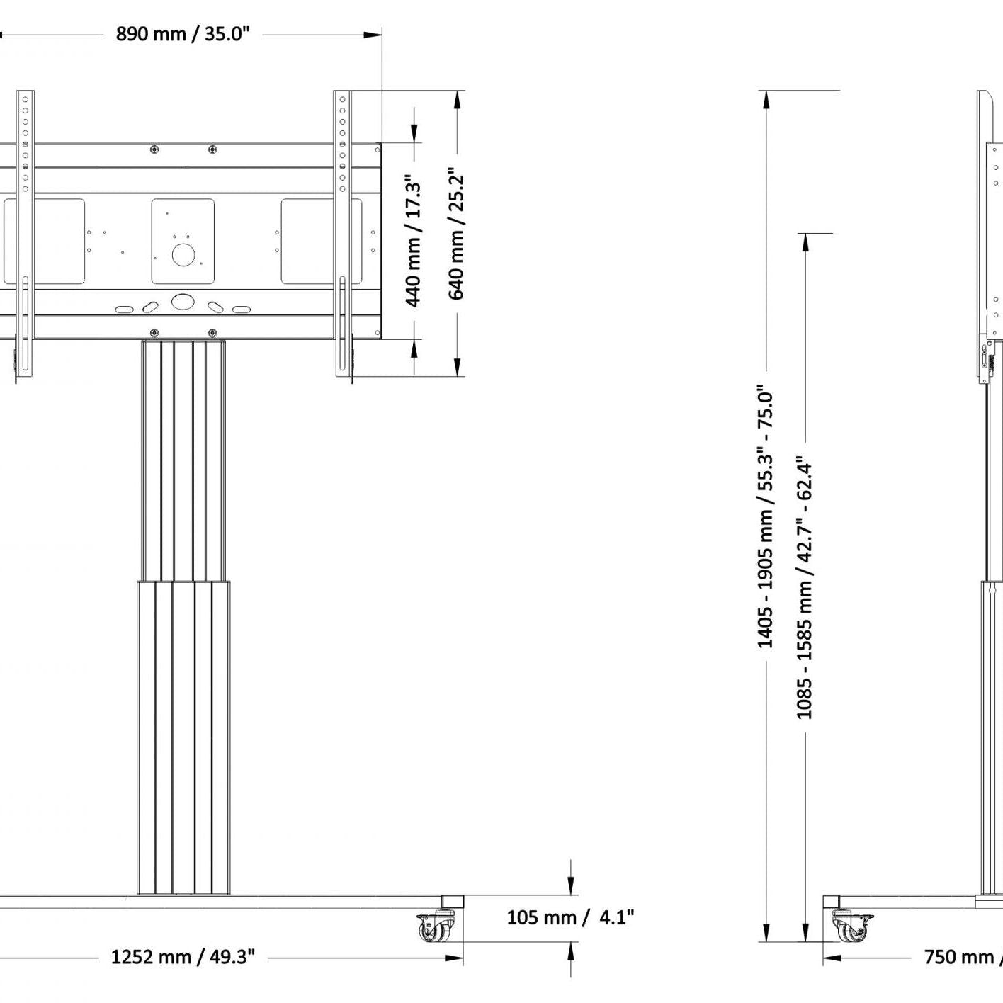 Conen SCETAC Motorized Mobile Flat Screen Tv Cart, 50 Cm Of Vertical Travel Column Silver Anodized, C-style Base
