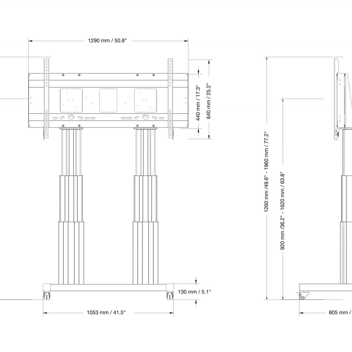 Conen SCETAD3535B Motorized Heavy Duty Xl Flat Screen Tv & Monitor Cart With 70 Cm Of Vertical Travel Two Columns Black Anodized, H-style Base