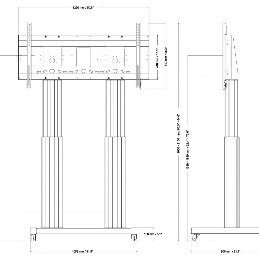 Conen SCETADB Motorized Heavy Duty Xl Flat Screen Tv & Monitor Cart With 50 Cm Of Vertical Travel Two Columns Black Anodized, H-style Base
