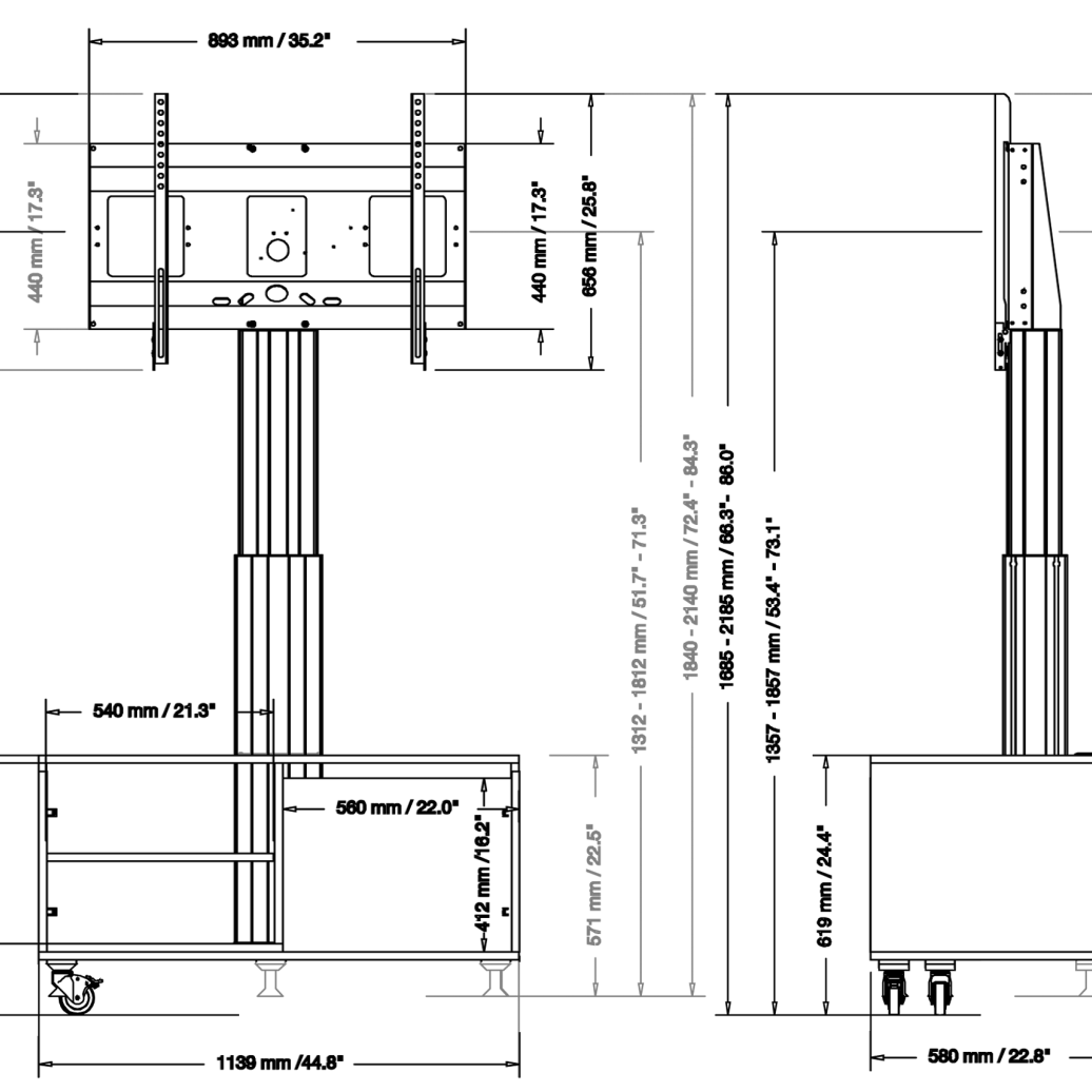 Conen SCETASBN Mobile TV Cabinet With Electrically Height Adjustment "Vsm Electric" Column Silver Anodized, 50 Cm Of Vertical Travel, Base Cabinet
