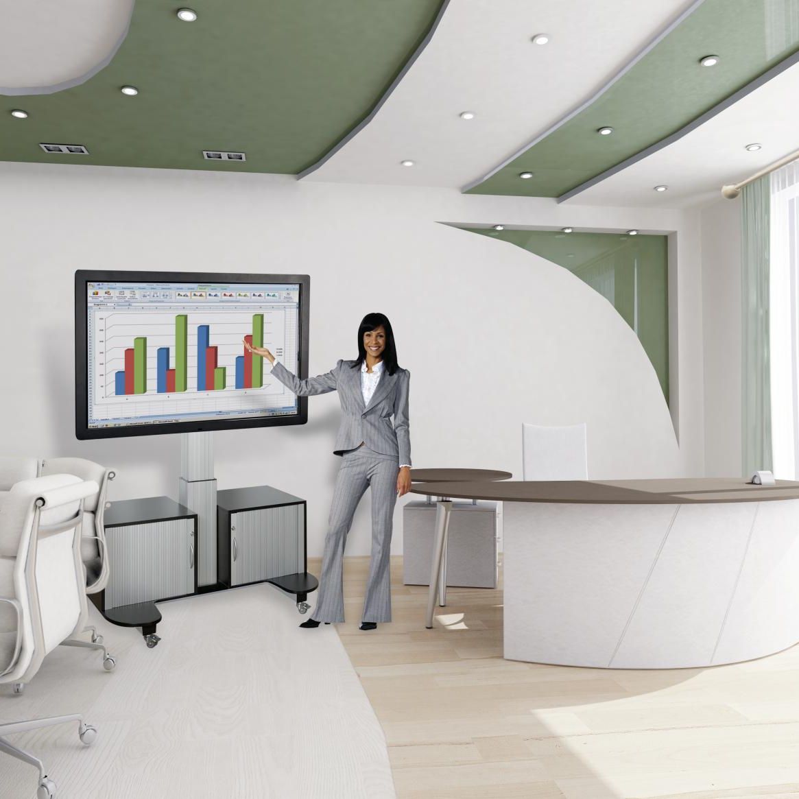 Conen SCETAU Mobile TV Cabinet – TV Stand With Mount, Electrically Height Adjustable 42 - 86 Inch Monitor Stand Silver Anodized, With Two Base Cabinets And Roller Blinds