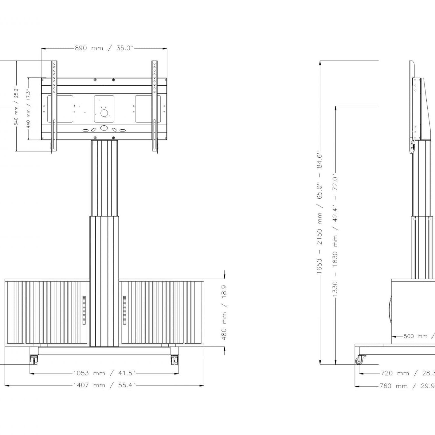 Conen SCETAU Mobile TV Cabinet – TV Stand With Mount, Electrically Height Adjustable 42 - 86 Inch Monitor Stand Silver Anodized, With Two Base Cabinets And Roller Blinds
