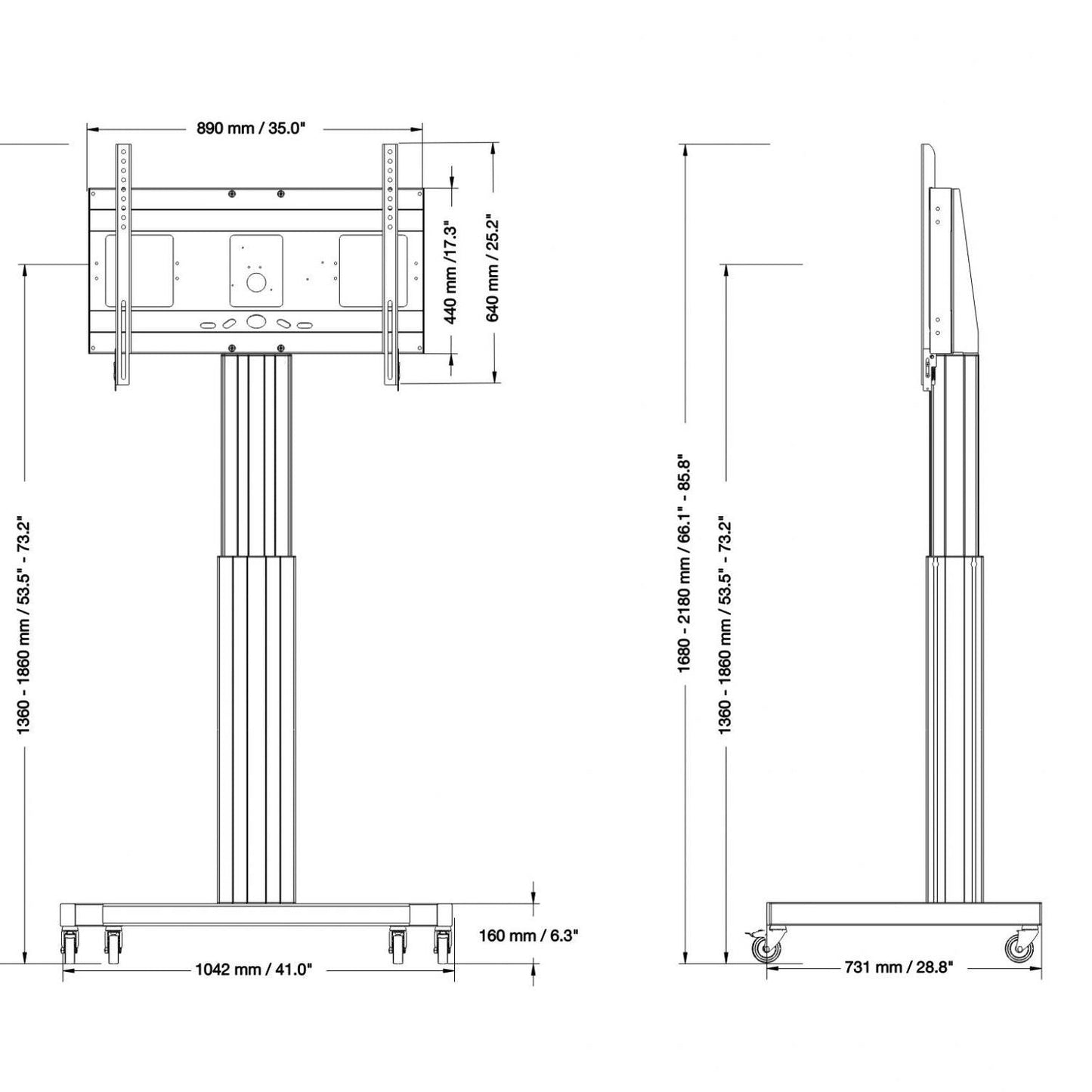 Conen SCETAVXL Motorized Mobile Flat Screen Tv Cart, 50 Cm Of Vertical Travel Column Silver Anodized, V-style Base