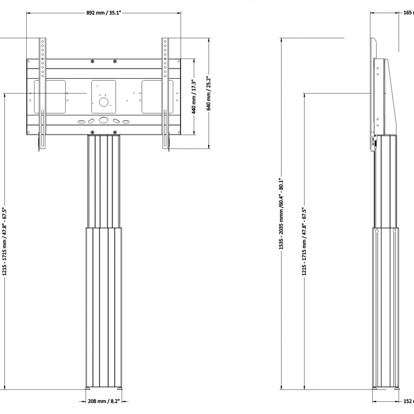 Conen SCETAWB Motorized Display Wall Mount, 50 Cm Of Vertical Travel Column Black Anodized, Center Of Display 121,5 - 171,5 Cm