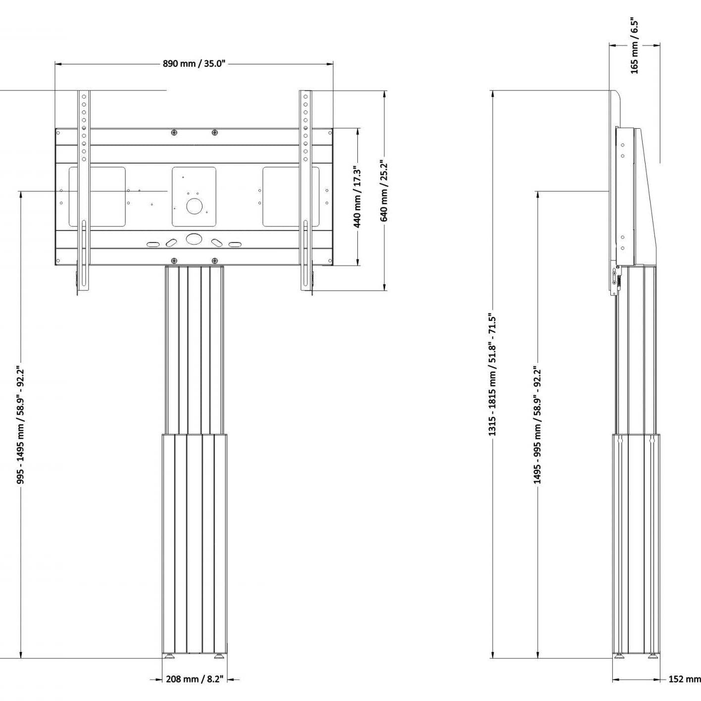 Conen SCETAWLB Motorized Monitor Wall Mount, 50 Cm Of Vertical Travel Column Black Anodized, Center Of Display 99,5 - 149,5 Cm