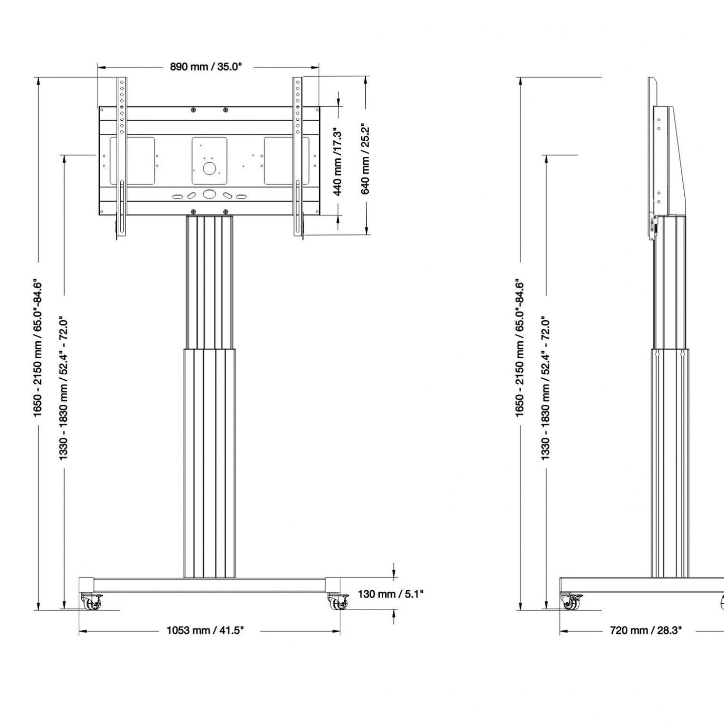 Conen SCETAXL Motorized Mobile Flat Screen Tv Cart, 50 Cm Of Vertical Travel Column Silver Anodized, H-style Base