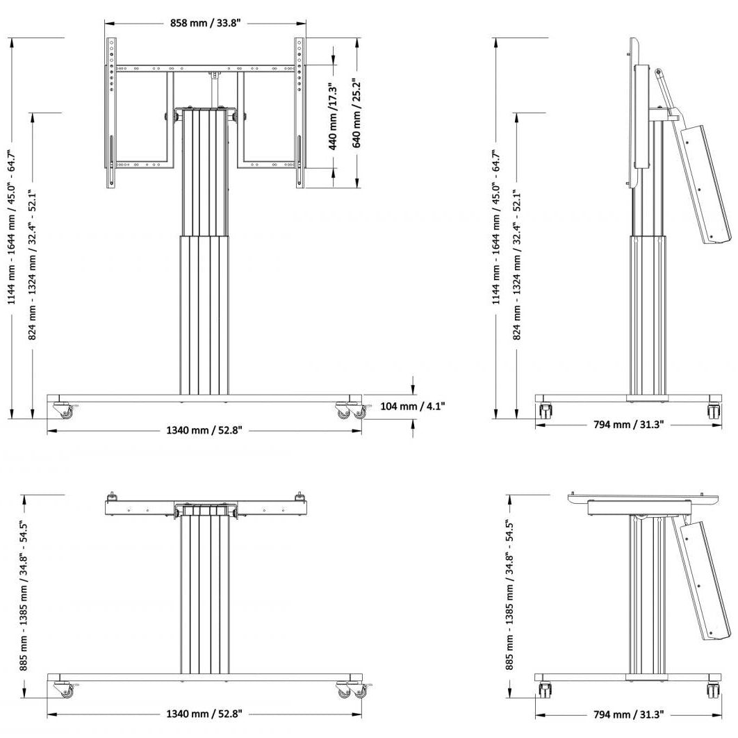 Conen SCETTAC Motorized Mobile Height And Tilt Adjustable Monitor Stand, 50 Cm Of Vertical Travel Column Silver Anodized, C-style Base