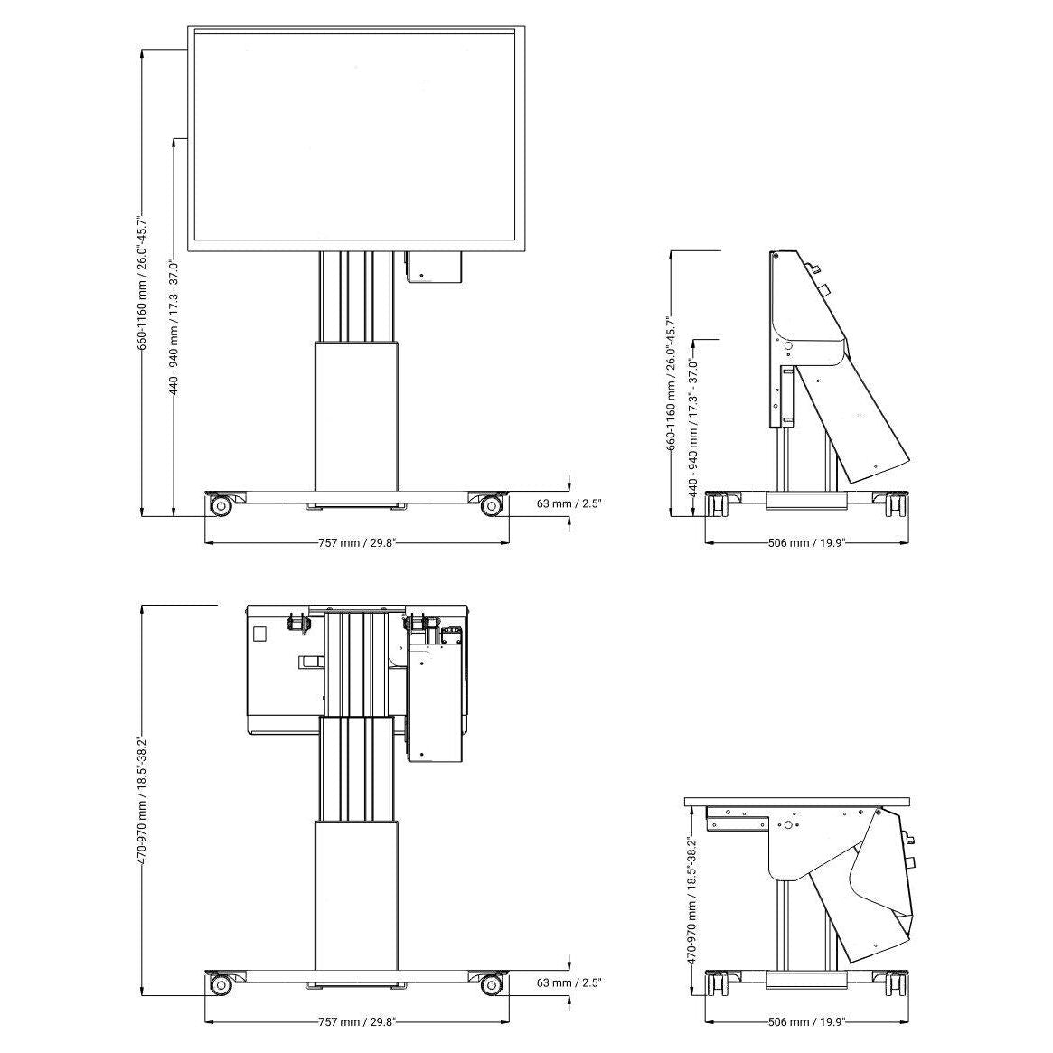 Conen SCETTACM25BK Motorized Mobile Height And Tilt Adjustable Monitor Stand, 50 Cm Of Vertical Travel Column Black Anodized, Anti-collision, C-style Base