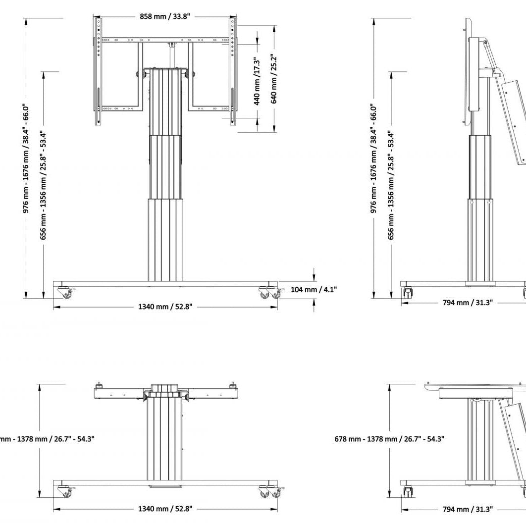 Conen SCETTACR35BK Motorized Mobile Height And Tilt Adjustable Monitor Stand, 70 Cm Of Vertical Travel Column Black Anodized, Anti-collision, C-style Base (Lowered)