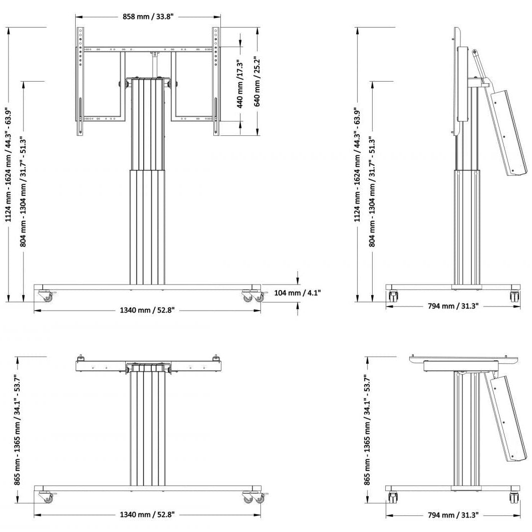 Conen SCETTACRK Motorized Mobile Height And Tilt Adjustable Monitor Stand, 50 Cm Of Vertical Travel Column Silver Anodized, Anti-collision, C-style Base (Lowered)