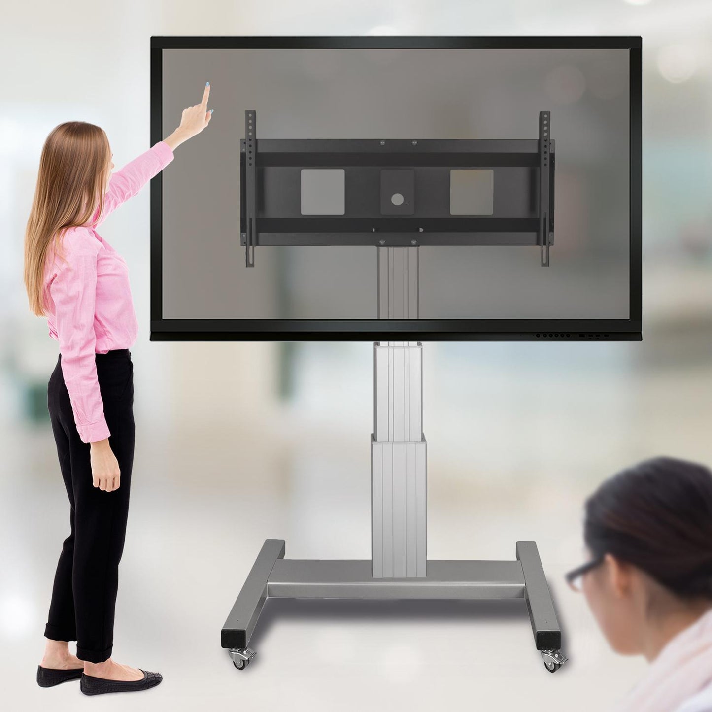 Conen SCEXL3535 Motorized Mobile Xl Flat Screen Tv & Monitor Cart, 70 Cm Of Vertical Travel Column Silver Anodized, H-style Base