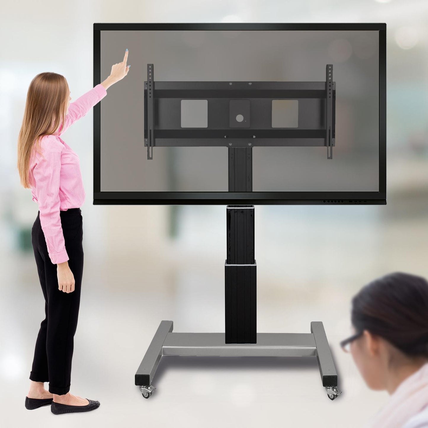 Conen SCEXL3535B Motorized Mobile Xl Flat Screen Tv & Monitor Cart, 70 Cm Of Vertical Travel Column Black Anodized, H-style Base