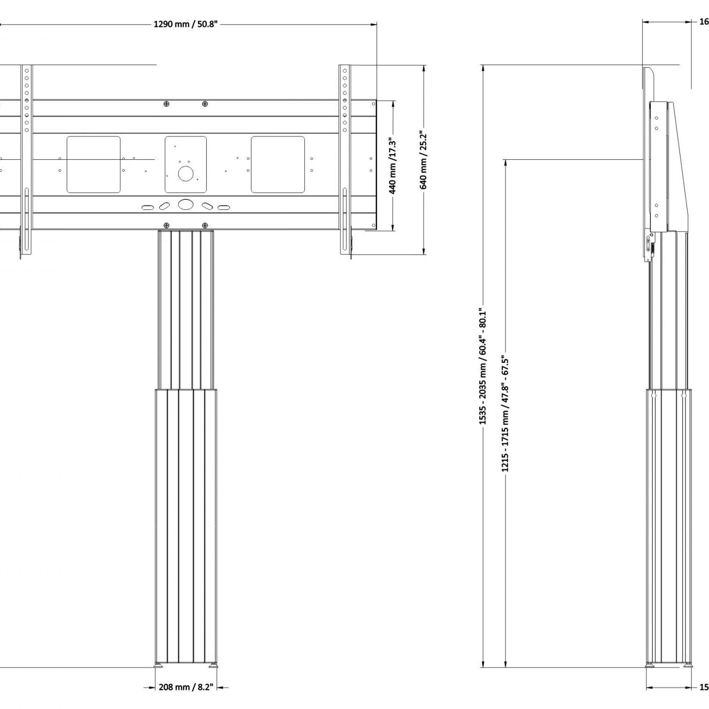 Conen SCEXLWB Motorized XL monitor wall mount, 50 cm of vertical travel column black anodized, center of display 121,5 - 171,5 cm