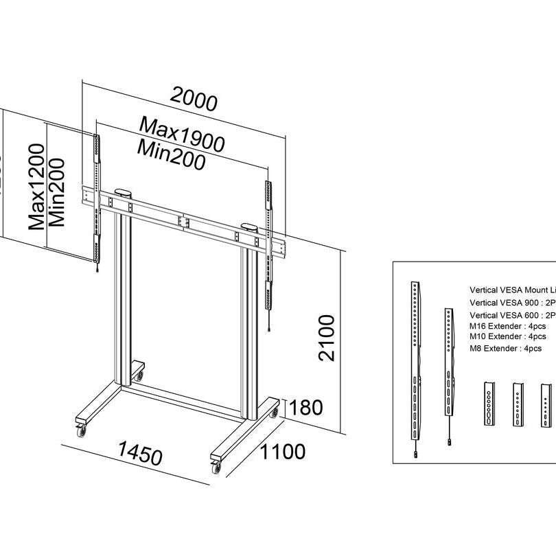 Multibrackets M Public Display Stand 210 Dual Pillar 150kg MAX Wheelbase