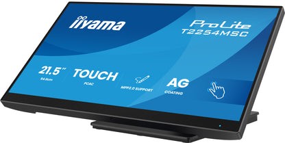 iiyama 21.5” Optical Bonded PCAP 10pt touchscreen monitor featuring IPS panel technology, Anti Glare coating, active stylus support (MPP 2.0) and edge-to-edge glass