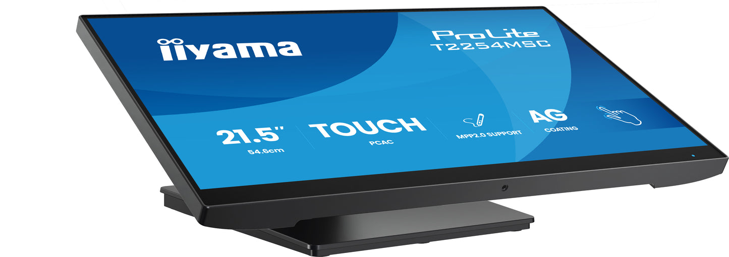iiyama 21.5” Optical Bonded PCAP 10pt touchscreen monitor featuring IPS panel technology, Anti Glare coating, active stylus support (MPP 2.0) and edge-to-edge glass