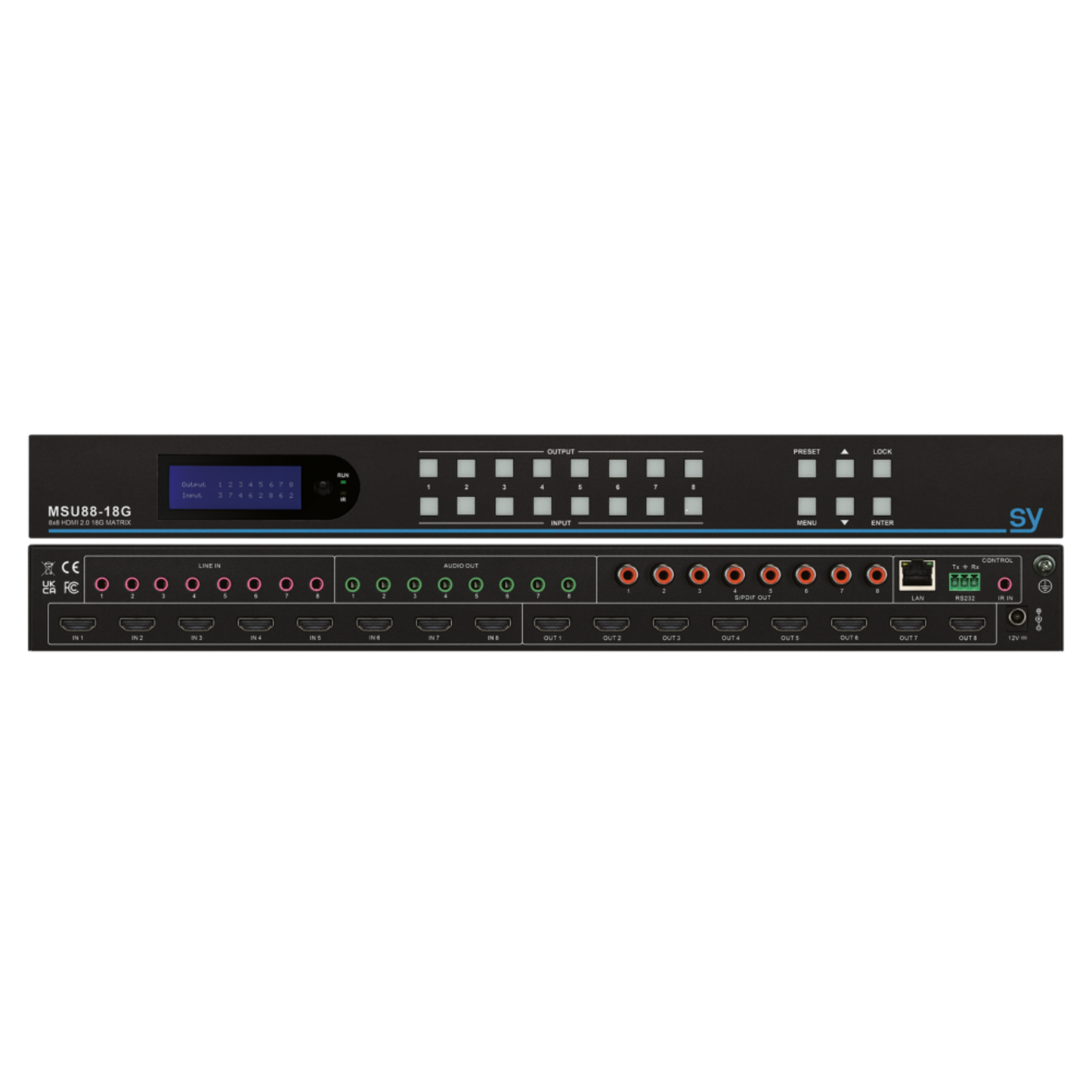 SY MSU88-18G – 8×8 HDMI 2.0 Matrix Switcher (4K2K 60Hz 4:4:4) with Auto 4K → 2K Scaling per Output