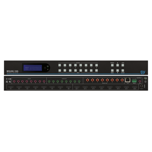 SY MSU88-18G – 8×8 HDMI 2.0 Matrix Switcher (4K2K 60Hz 4:4:4) with Auto 4K → 2K Scaling per Output