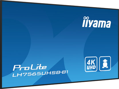 iiyama LH7565UHSB-B1 Signage Display Kiosk design 189.2 cm (74.5") LED Wi-Fi 800 cd/m² 4K Ultra HD Black Built-in processor Android 11 24/7