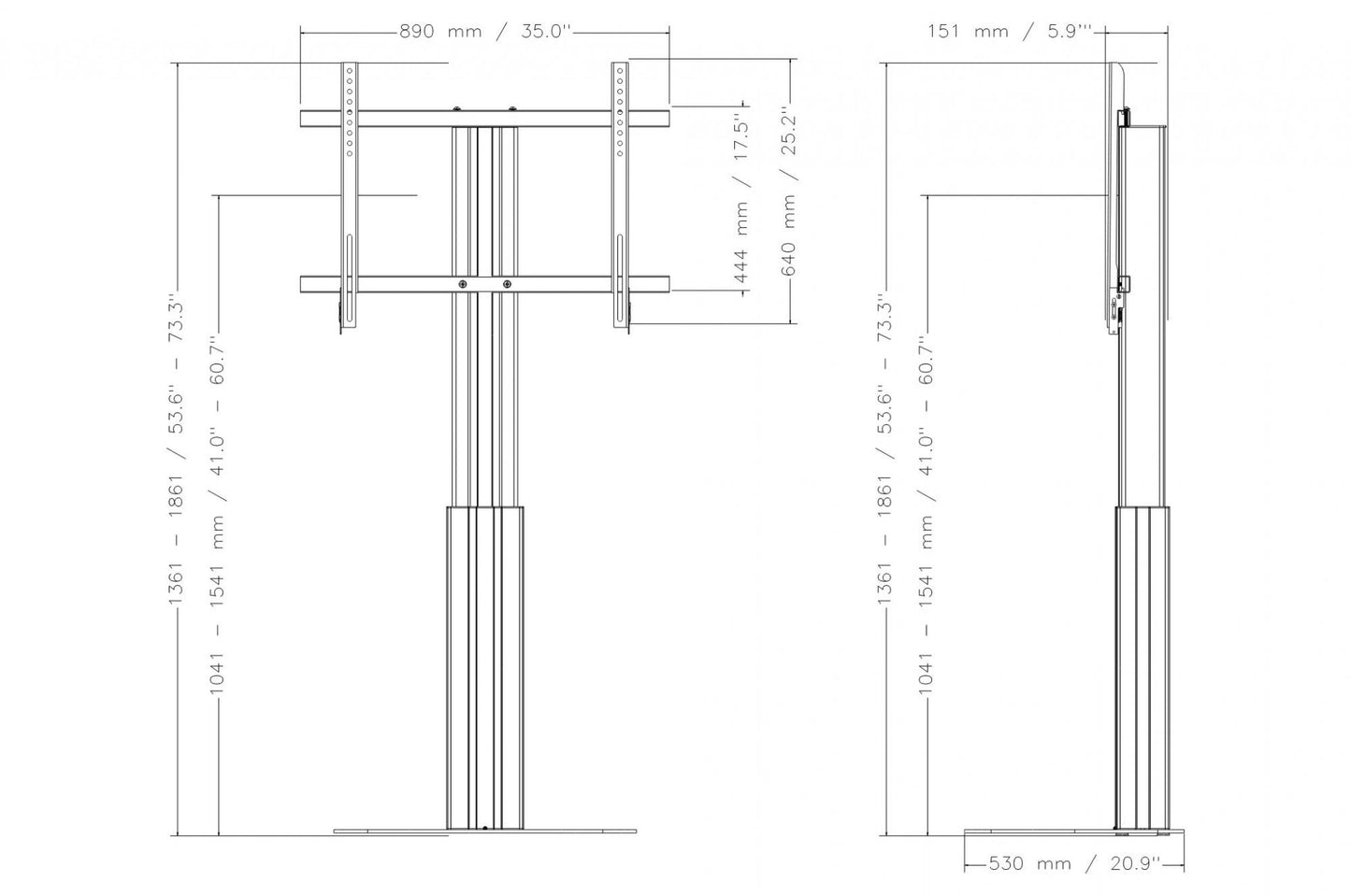 Conen CCELW-AFP Height Adjustable Monitor And Tv Wall Mount, Lite Series With 50 Cm Of Vertical Travel Column Silver Anodized