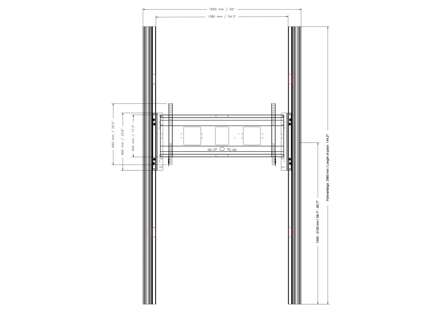 Conen PYF1-IFPD-W Wall Mounted 2 Pylon Sliding System For Displays From 65-86" Manually Height-adjustable With Pulley And Counter Weight