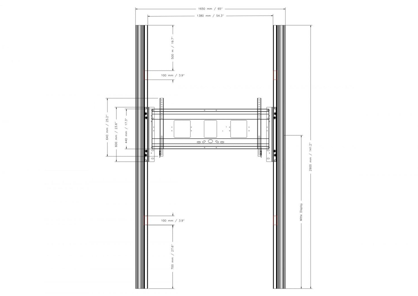 Conen PYFKL-IFPD-W Wall Mounted 2 Pylon Sliding System For Displays From 65-86" Manually Height-adjustable With Pulley And Counter Weight, With 2 Whiteboard Wings