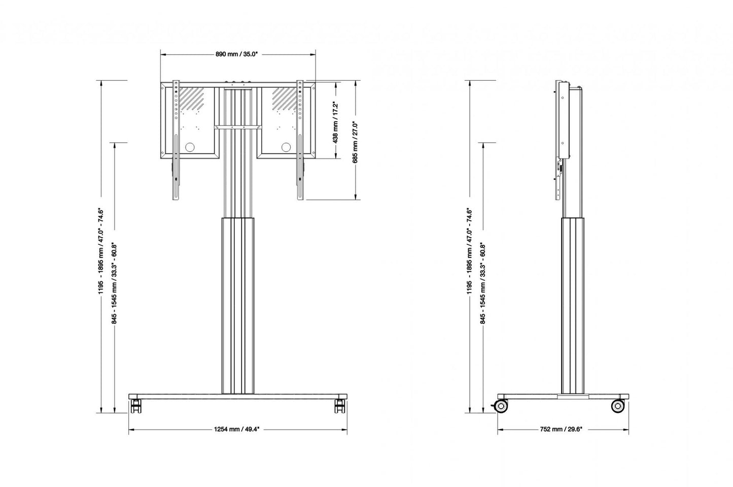 Conen RLI10070CK Height Adjustable Mobile Tv And Monitor Stand, Lite Series With 70 Cm Of Vertical Travel Column Silver, Anti-collision, High Model, C-style Base