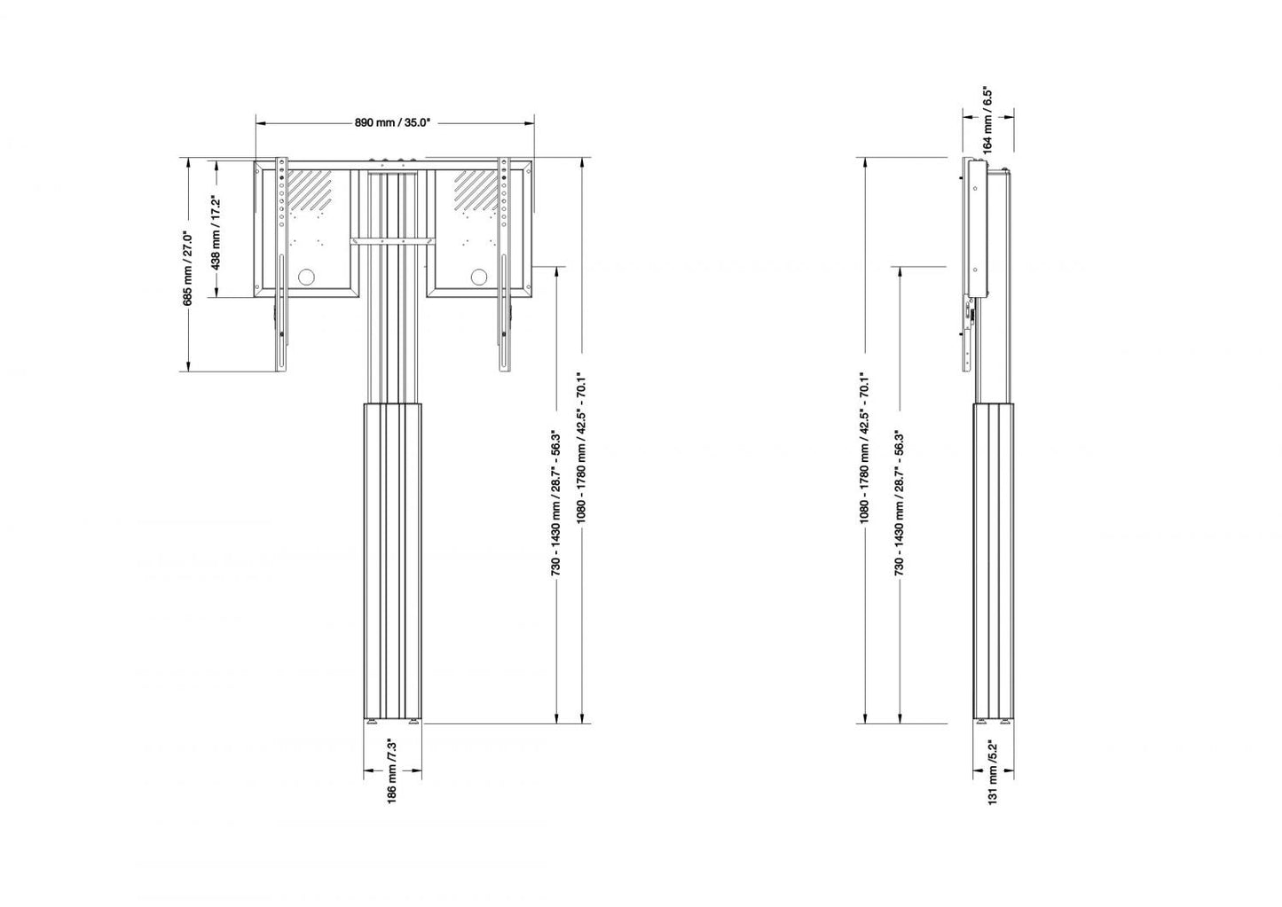 Conen RLI10070WBK Height Adjustable Monitor Wall Mount, Lite Series Black, With Anti-collision, Center To Floor 750 - 1450 Mm