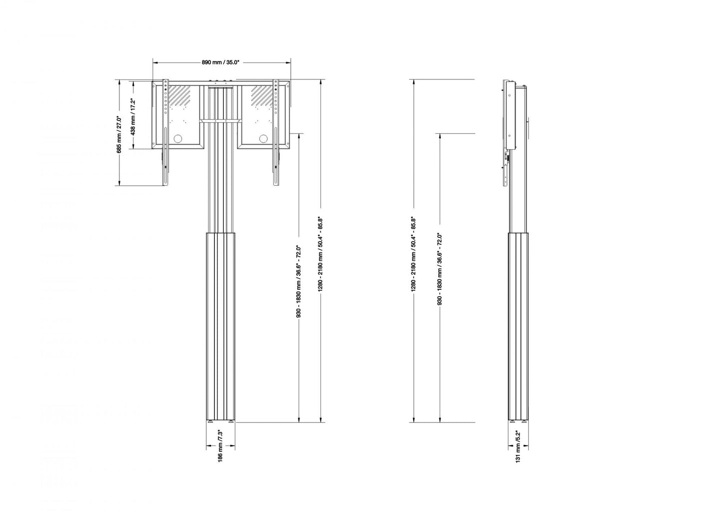 Conen RLI12090WBK Height Adjustable Monitor Wall Mount, Lite Series Black, With Anti-collision, Center To Floor 930 - 1830 Mm