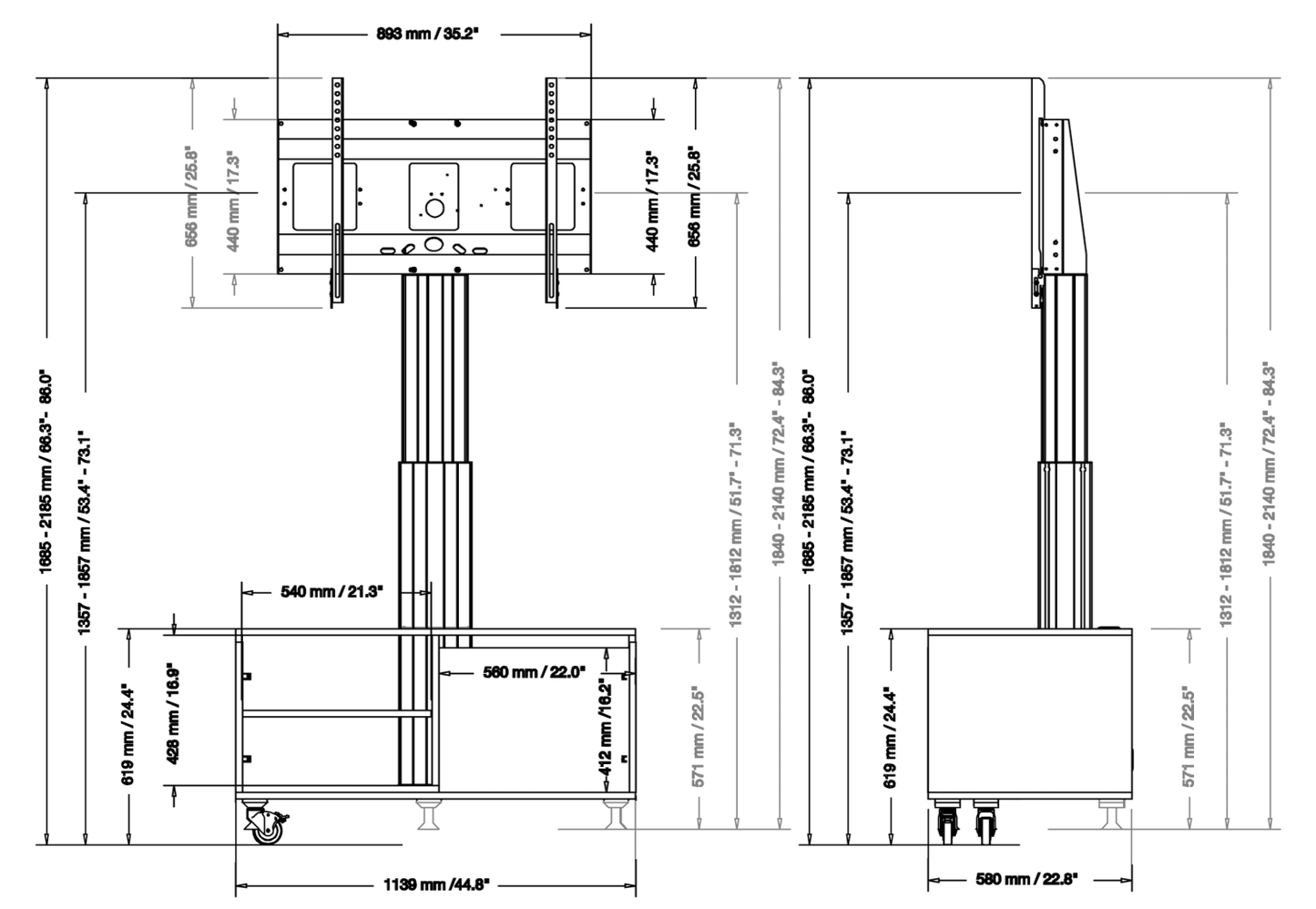 Conen SCETASBNA Mobile TV Cabinet With Electrically Height Adjustment "Vsm Electric" With Connector Panel, Column Silver Anodized, 50 Cm Of Vertical Travel, Base Cabinet