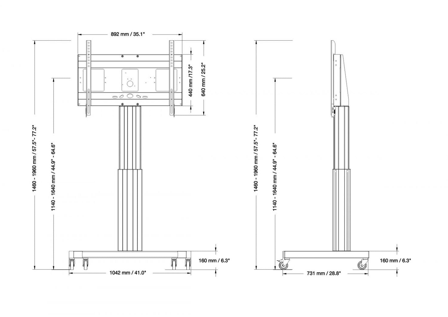 Conen SCETAV Motorized Mobile Flat Screen Tv Cart, 50 Cm Of Vertical Travel Column Silver Anodized, V-style Base