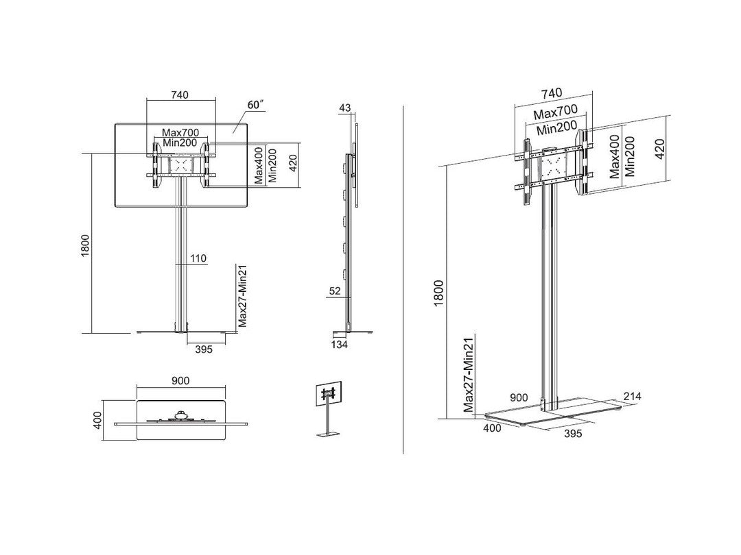 Multibrackets M Display Stand 180 Single Black w. Floorbase